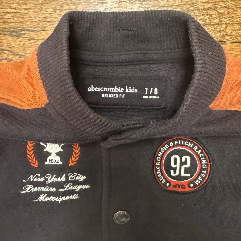Abercrombie Kids Racing Team Varsity Jacket – Size 7/8, Colorblock, Snap Front